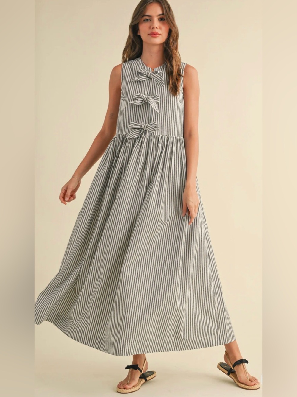 Striped Sleeveless Dress with Front Bows - Black & White